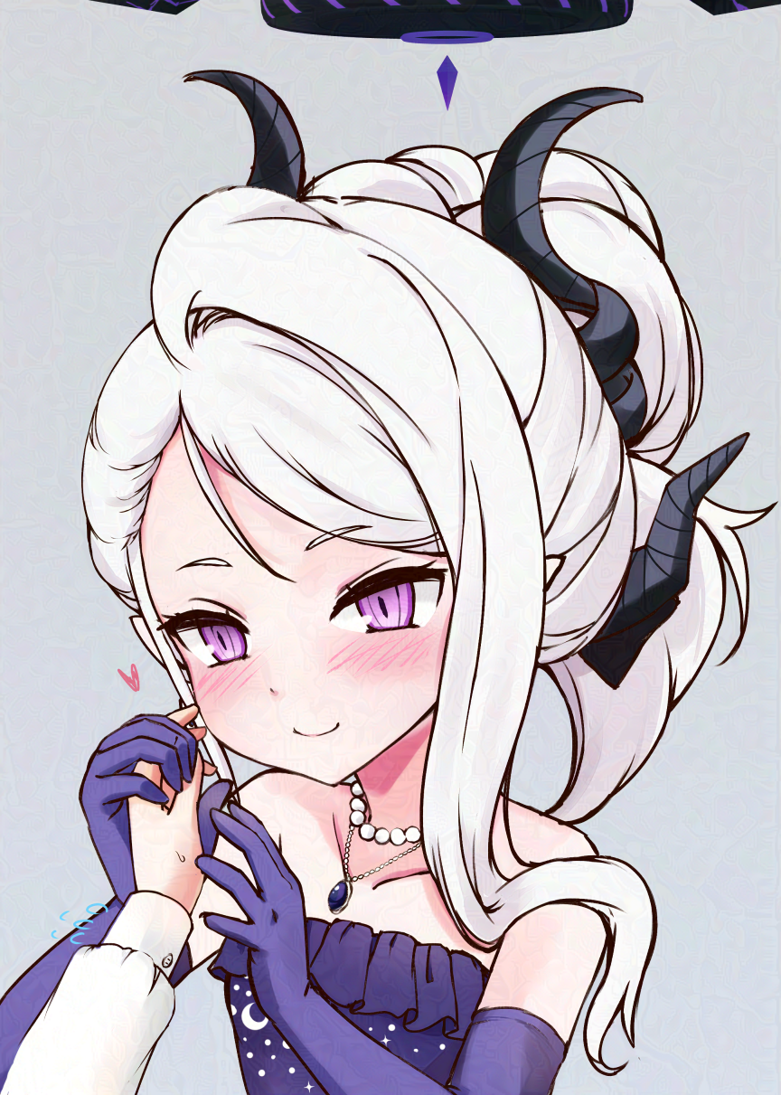1girl, alternate_costume, alternate_hairstyle, black_halo, blue_archive, blush, closed_mouth, collarbone, commentary_request, demon_girl, demon_horns, dress, earrings, gloves, grey_background, halo, heart, highres, hina_(blue_archive), hina_(dress)_(blue_archive), holding, holding_hands, horns, jewelry, kusunoki_aoi_(black-alice), long_hair, necklace, off_shoulder, official_alternate_costume, official_alternate_hairstyle, pendant, purple_dress, purple_gloves, sensei_(blue_archive), shirt, simple_background, solo_focus, violet_eyes, white_hair, white_shirt