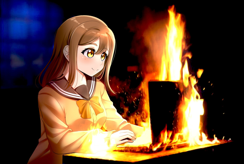 1girl, blush, bow, bowtie, breasts, brown_hair, burning, cardigan