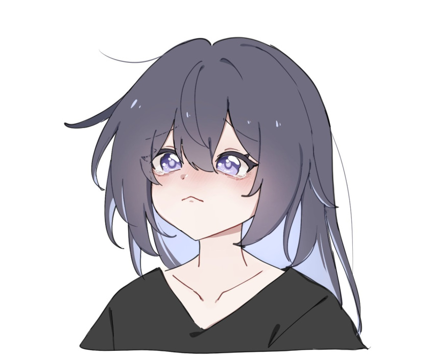 1girl, black_hair, black_shirt, blue_eyes, blue_hair, blush, closed_mouth, colored_inner_hair, cropped_torso, frown, honkai_(series), honkai_impact_3rd, komi_(mayu_eo22), korean_commentary, long_hair, multicolored_hair, seele_vollerei, seele_vollerei_(herrscher_of_rebirth), shirt, simple_background, solo, tearing_up, two-tone_hair, white_background