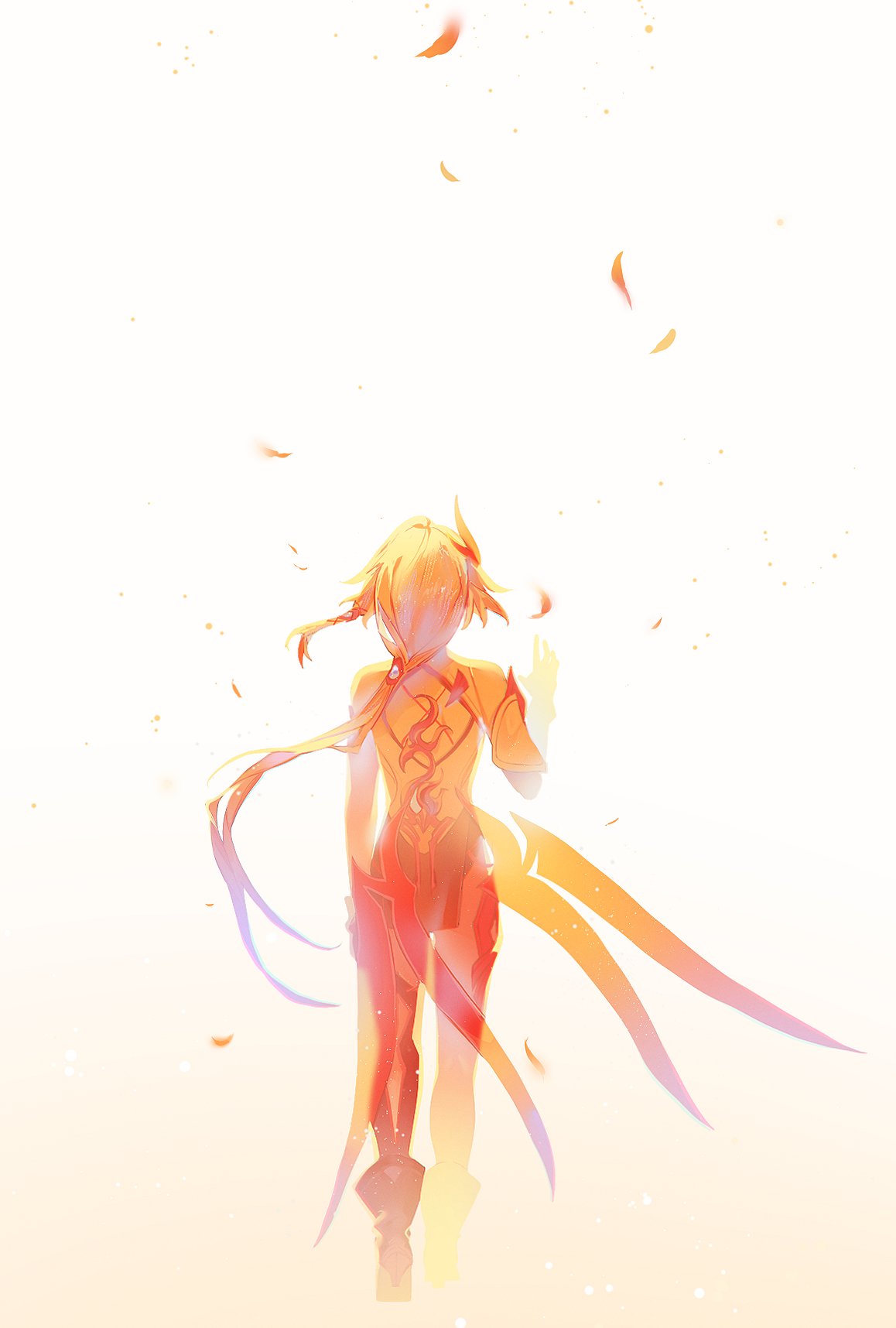 1girl, chinese_clothes, commentary, dress, english_commentary, feathers, from_behind, fu_hua