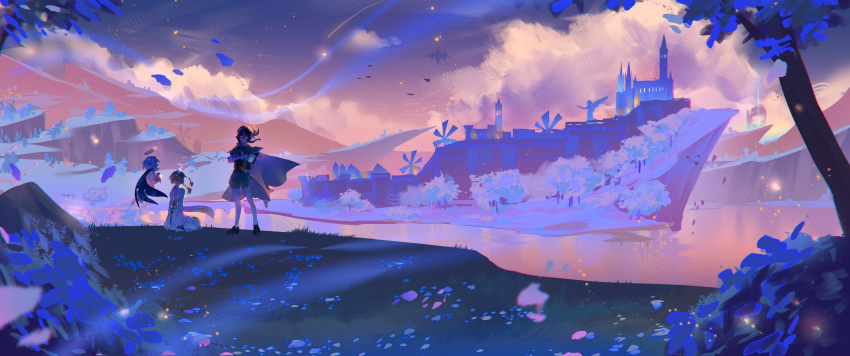 1boy, 2girls, cape, city, commentary, dress, english_commentary, floating_hair