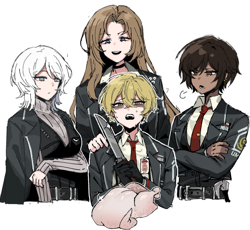 1boy, 3girls, black_vest, blonde_hair, blue_eyes, brown_eyes, brown_hair, brown_sweater