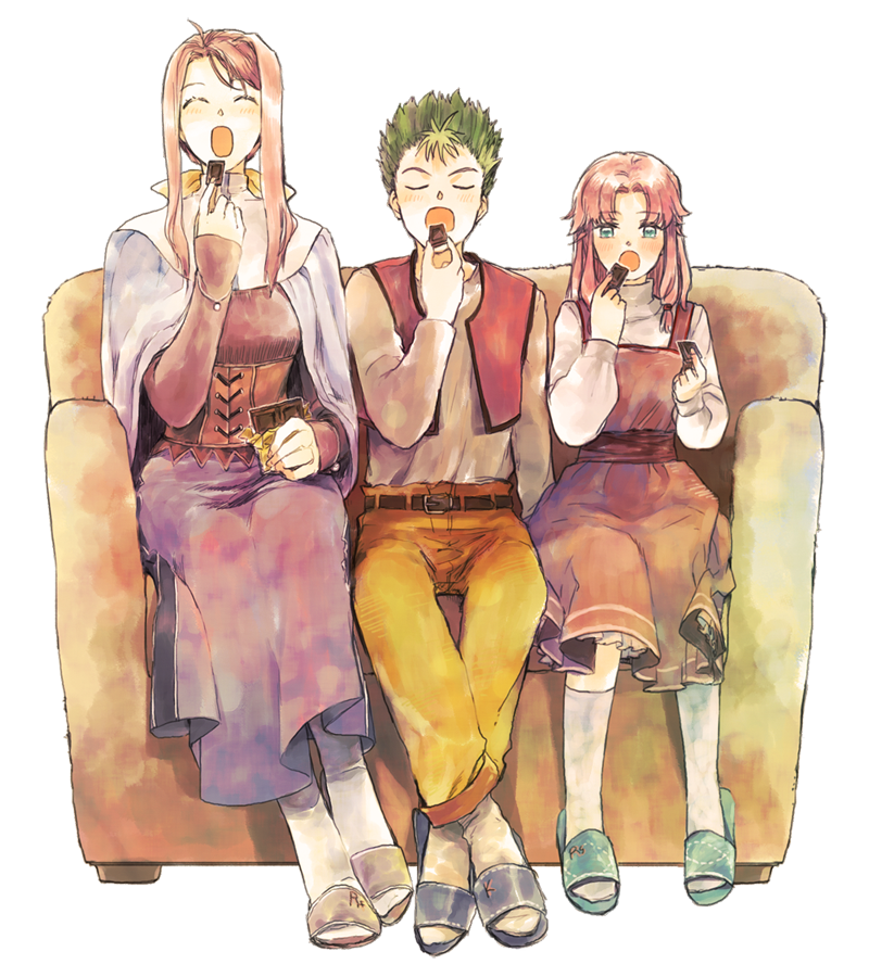 1boy, 2girls, blue_eyes, chocolate, closed_eyes, couch, dress, eating