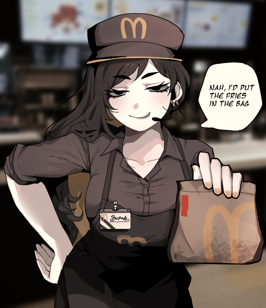 1girl, apron, bag, binah_(project_moon), black_apron, black_eyes, black_hair, breasts, brown_hat, brown_shirt, collared_shirt, ear_piercing, earpiece, english_text, hat, highres, holding, holding_bag, jujutsu_kaisen, large_breasts, leaning_forward, library_of_ruina, long_hair, looking_at_viewer, mcdonald's, meme, nah_i'd_win_(meme), ny_000a, paper_bag, piercing, project_moon, shirt, solo, speech_bubble