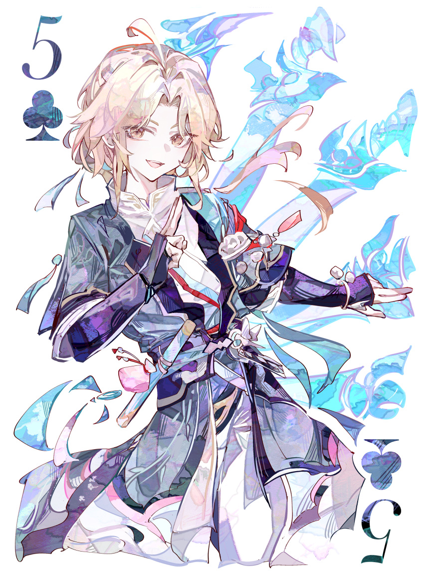 1boy, absurdres, ahoge, blonde_hair, blue_jacket, card, cocoballking, commentary, cowboy_shot, five_of_clubs, highres, honkai:_star_rail, honkai_(series), jacket, long_sleeves, looking_at_viewer, male_focus, open_mouth, pants, playing_card, shirt, solo, sword, teeth, upper_teeth_only, weapon, white_background, white_pants, yanqing_(honkai:_star_rail), yellow_eyes