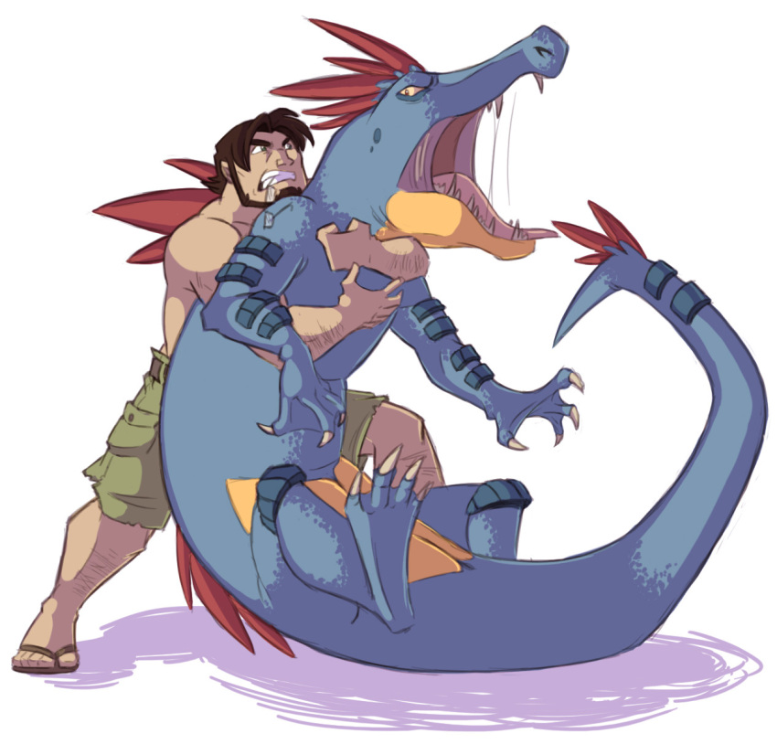 1boy, birch_(pokemon), brown_hair, clenched_teeth, facial_hair, feraligatr, grabbing_from_behind, green_pants