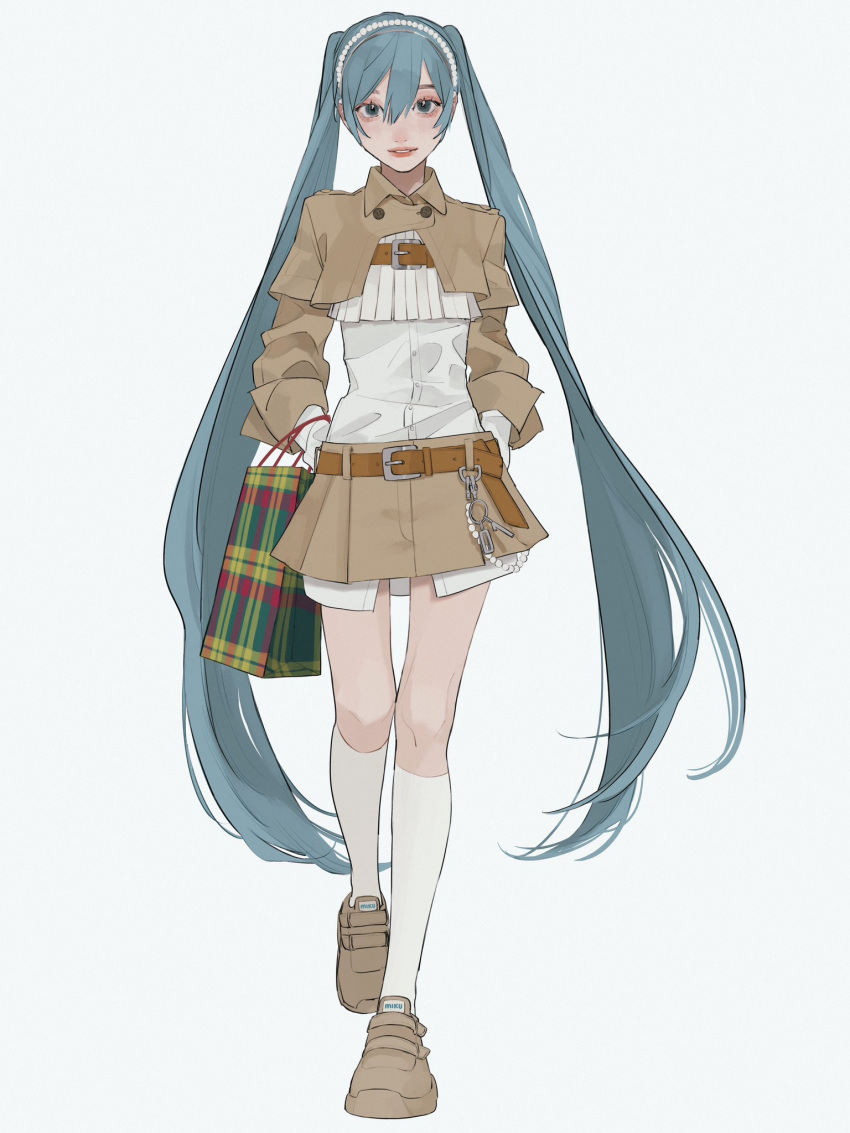 1girl, arms_behind_back, bag, brown_footwear, brown_jacket, brown_skirt, cropped_jacket, full_body, hair_between_eyes, hatsune_miku, highres, holding, holding_bag, jacket, kneehighs, long_hair, long_sleeves, looking_at_viewer, parted_lips, pearl_hairband, shirt, skirt, smile, socks, solo, tami_moon, twintails, very_long_hair, vocaloid, walking, white_background, white_shirt, white_socks