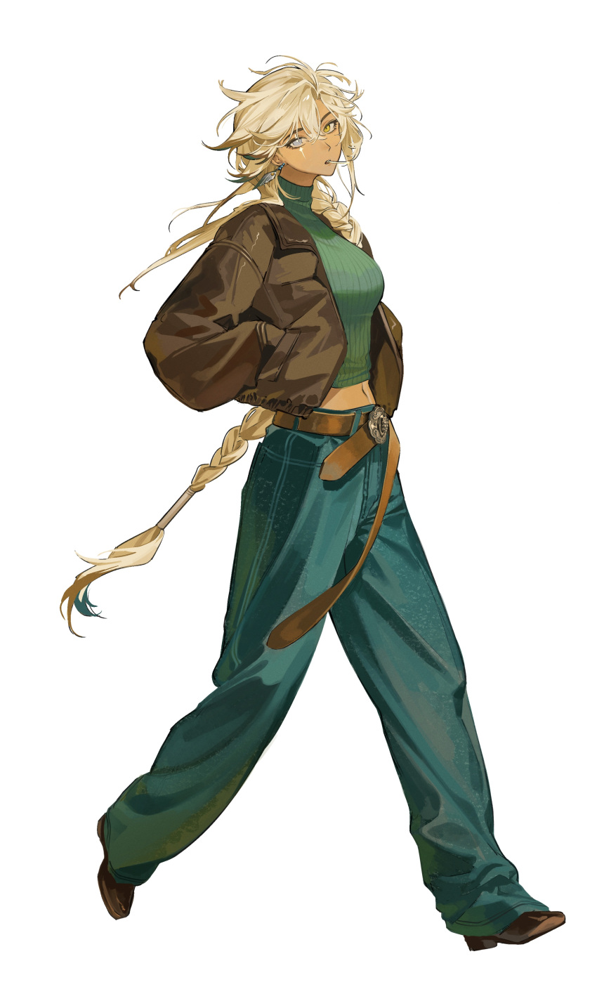 1girl, absurdres, alternate_costume, argus_(reverse:1999), belt, blonde_hair, blue_pants, braid