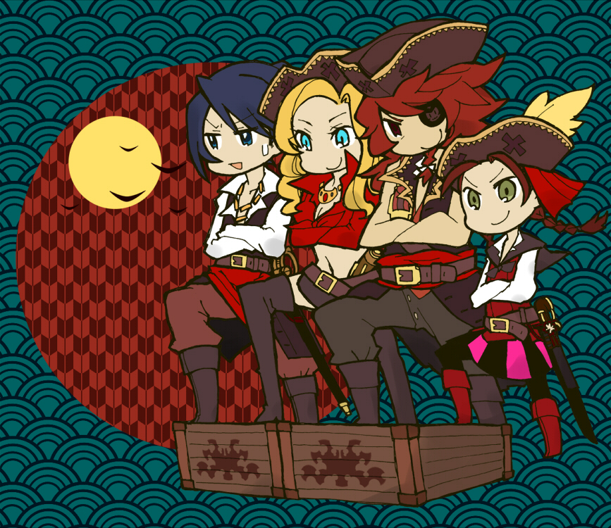 2boys, 2girls, belt, black_hair, blonde_hair, blue_eyes, boots, brown_vest