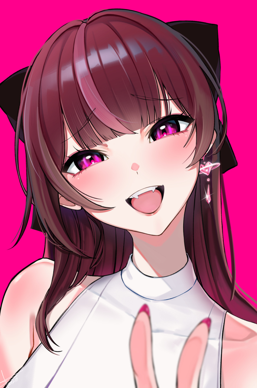 1girl, absurdres, bare_shoulders, black_bow, bow, brown_hair, earrings, fangs