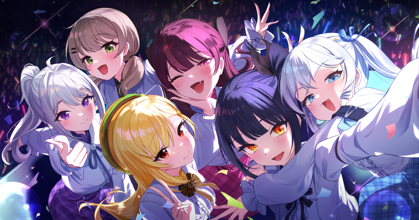 6+girls, :d, ;d, absurdres, blue_ribbon, blue_skirt, blush, bow