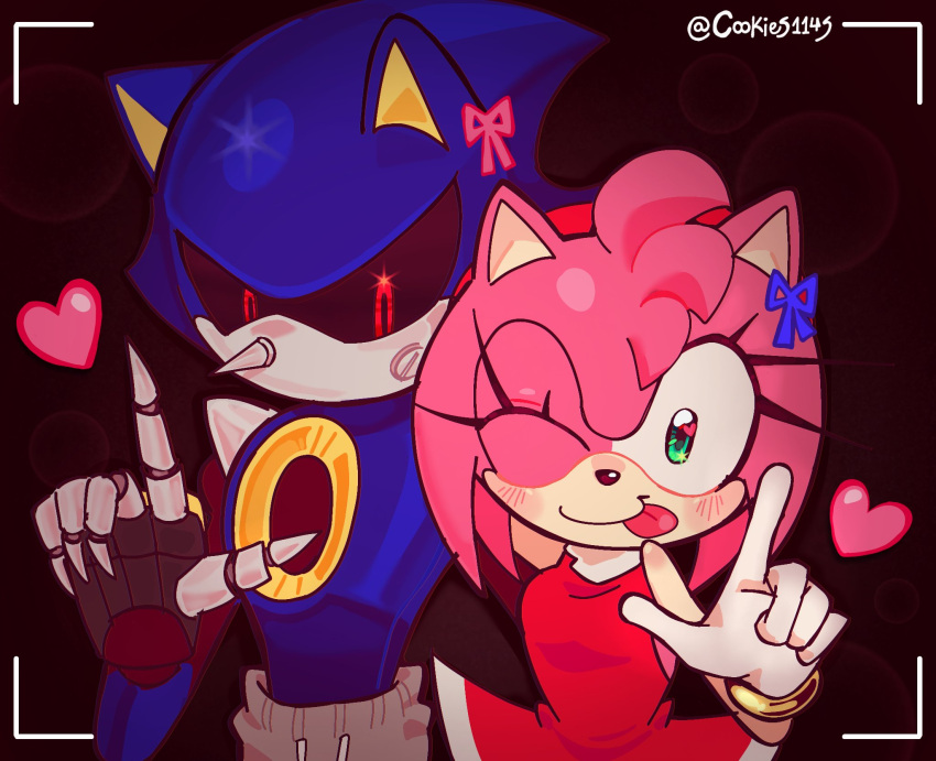 1boy, 1girl, :p, amy_rose, artist_name, black_background, blue_skin, bow