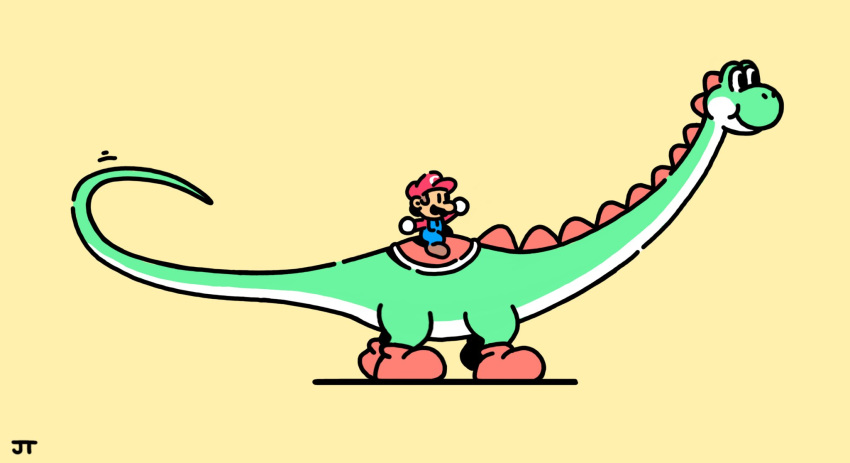 1boy, :t, alternate_size, black_eyes, blue_overalls, boots, brown_footwear, brown_hair, chibi, closed_mouth, commentary, dinosaur, english_commentary, facial_hair, from_side, gloves, hat, highres, james_turner, long_sleeves, male_focus, mario, motion_lines, mustache, overalls, red_hat, red_shirt, riding, riding_dinosaur, shirt, shoes, short_hair, signature, simple_background, smile, super_mario_bros., white_gloves, yellow_background, yoshi
