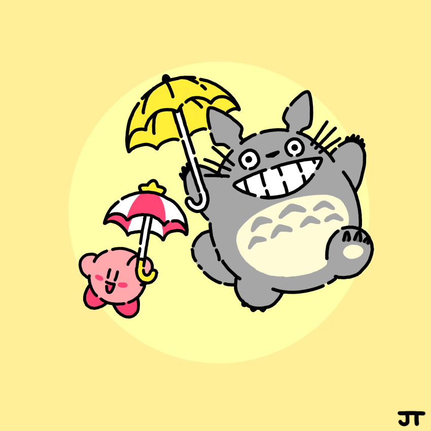 :d, blush_stickers, chibi, chibi_only, commentary, copy_ability, crossover, english_commentary, grin, happy, highres, holding, holding_umbrella, james_turner, kirby, kirby_(series), no_humans, open_mouth, parasol, parasol_kirby, signature, simple_background, smile, star_(symbol), teeth, tonari_no_totoro, totoro, two-tone_background, umbrella, whiskers, yellow_background, yellow_umbrella