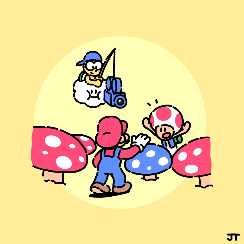 3boys, :i, arms_up, backwards_hat, blue_hat, blue_overalls, blue_vest, brown_footwear