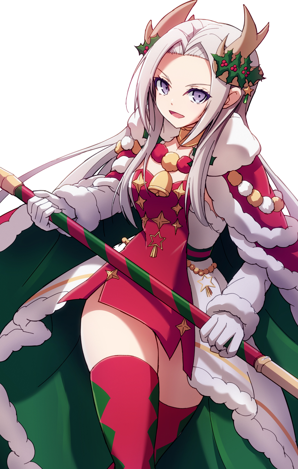 1girl, alternate_costume, bell, cape, christmas, commentary_request, detached_collar, detached_sleeves