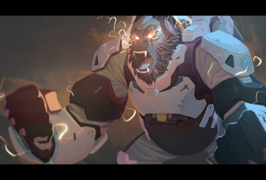 1boy, angry, armor, belly, black_fur, broad_shoulders, clenched_hands, fangs