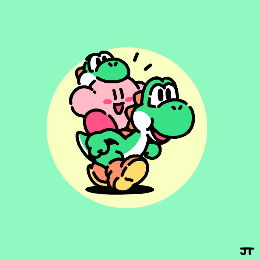 :d, black_eyes, blush_stickers, boots, brown_footwear, character_hat, chibi, chibi_only, commentary, copy_ability, crossover, dinosaur, english_commentary, green_background, green_hat, happy, hat, highres, james_turner, kirby, kirby_(series), looking_at_viewer, no_humans, notice_lines, open_mouth, riding, riding_dinosaur, signature, simple_background, smile, super_mario_bros., super_smash_bros., two-tone_background, walking, yellow_background, yoshi