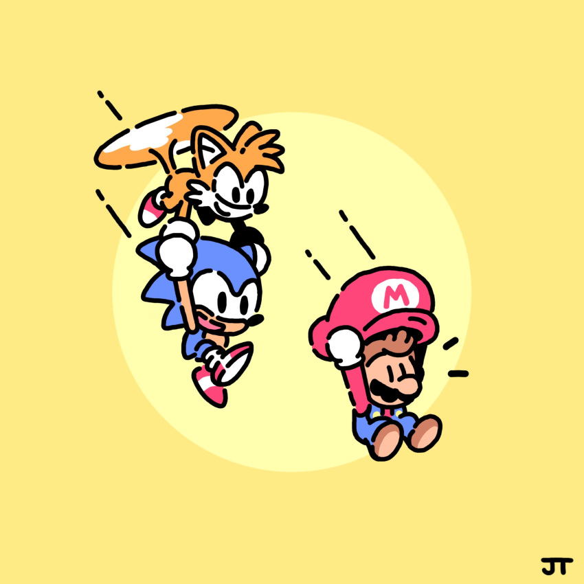3boys, animal_ears, animal_nose, arms_up, black_eyes, blue_overalls, brown_footwear, brown_hair