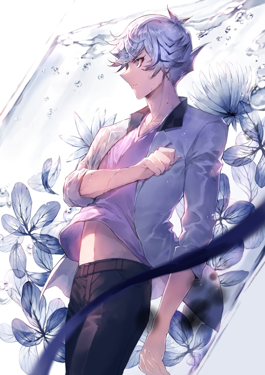 1boy, absurdres, black_pants, blue_trim, clenched_hand, dappled_sunlight, erichidayo, facing_to_the_side