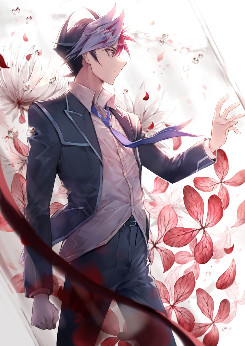 1boy, absurdres, belt, black_belt, black_hair, black_pants, blue_necktie, branch