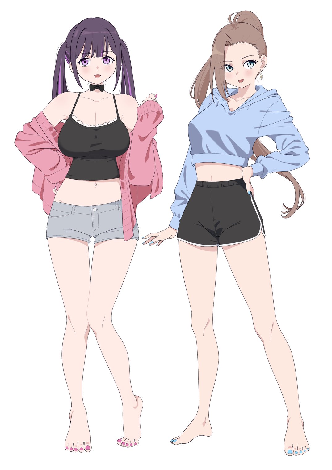 2girls, :d, asymmetrical_bangs, bare_legs, barefoot, black_bow, black_bowtie, black_shorts