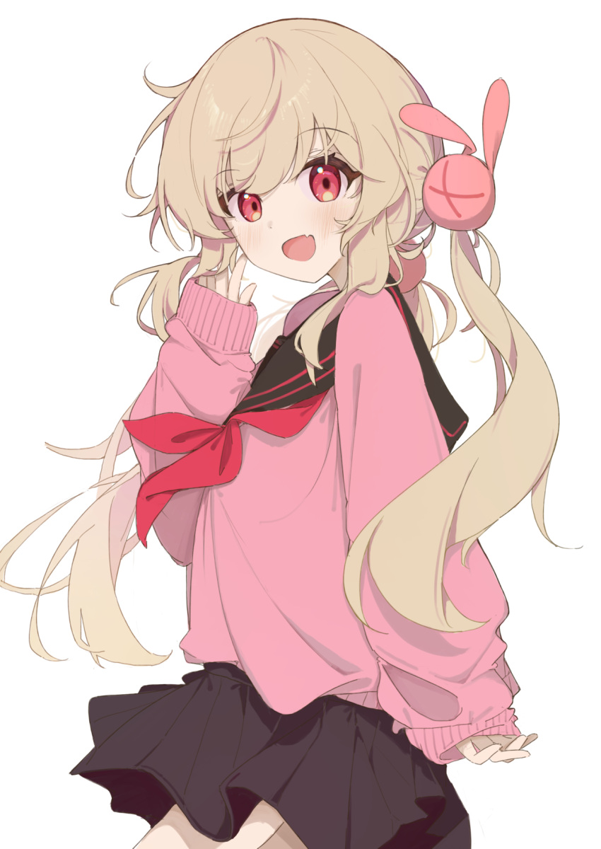 1girl, black_skirt, blonde_hair, fang, free_donut, hair_ornament, highres, light_blush