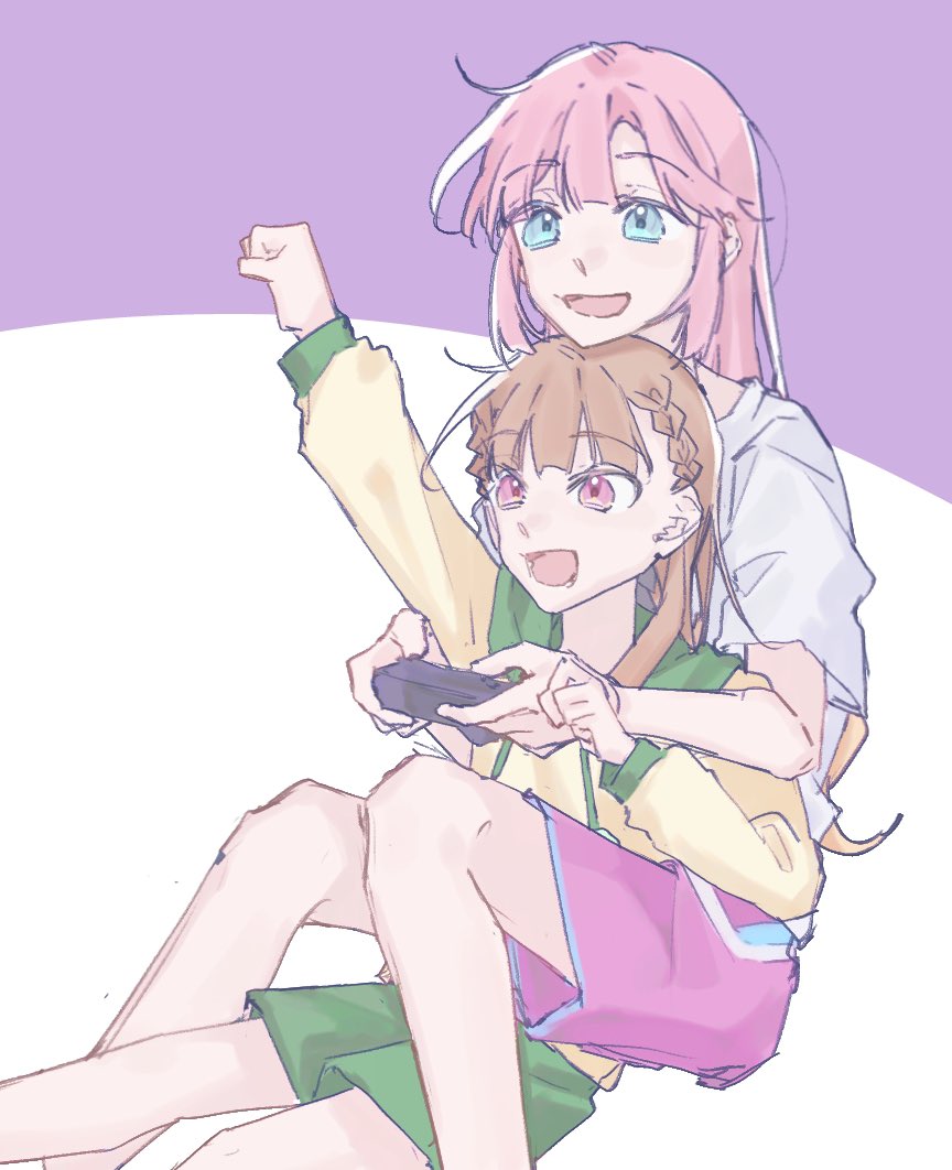 2girls, :d, anyoji_hime, anyoji_hime_(summer_loungewear), blonde_hair, blue_eyes, blunt_bangs, braid