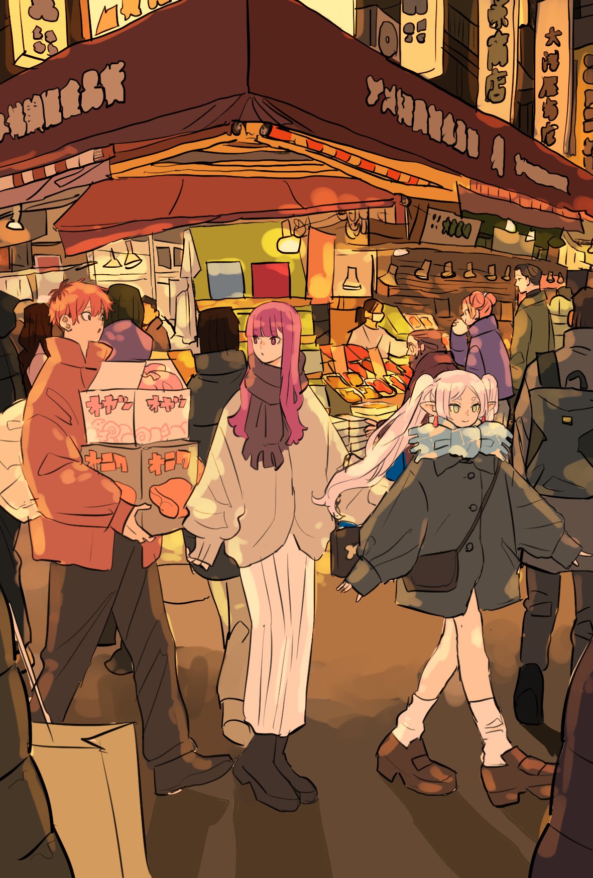 3boys, 3girls, commentary_request, denken_(sousou_no_frieren), double_bun, earrings, fern_(sousou_no_frieren), floating_hair