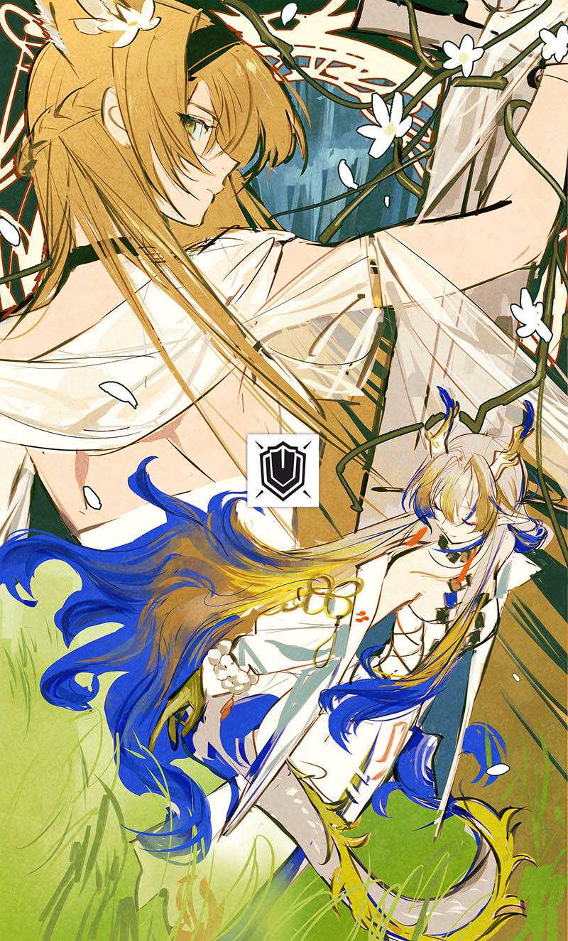 2girls, arknights, art_nouveau, back_turned, blonde_hair, chinese_clothes, dragon_horns, dragon_tail