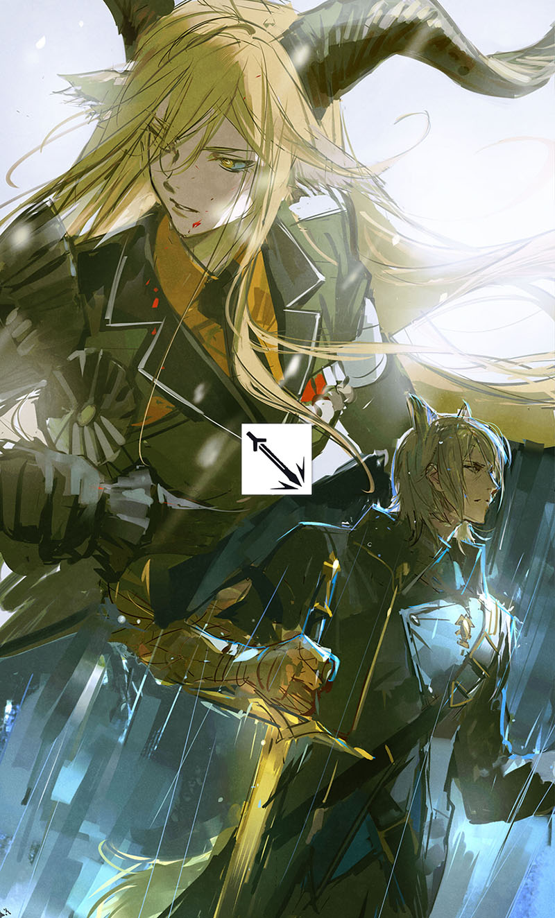 1boy, 1girl, animal_ears, arknights, black_coat, blonde_hair, blood, blood_on_face