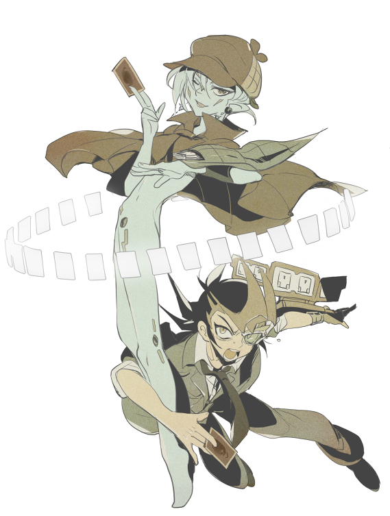 1boy, 1other, aged_up, annoyed, arm_around_leg, astral_(yu-gi-oh!), black_footwear, black_hair
