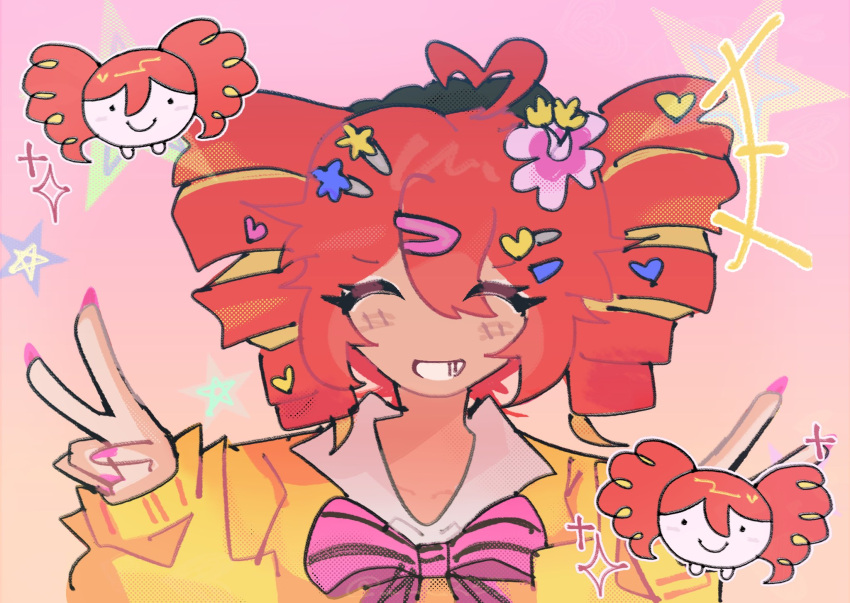 +++, 1girl, ^_^, ahoge, blush, bow, bowtie, chibi