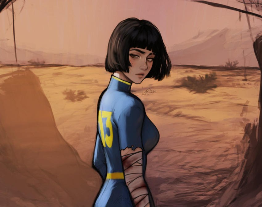 1girl, bandaged_arm, bandages, black_hair, blood, blood_on_clothes, bob_cut, desert
