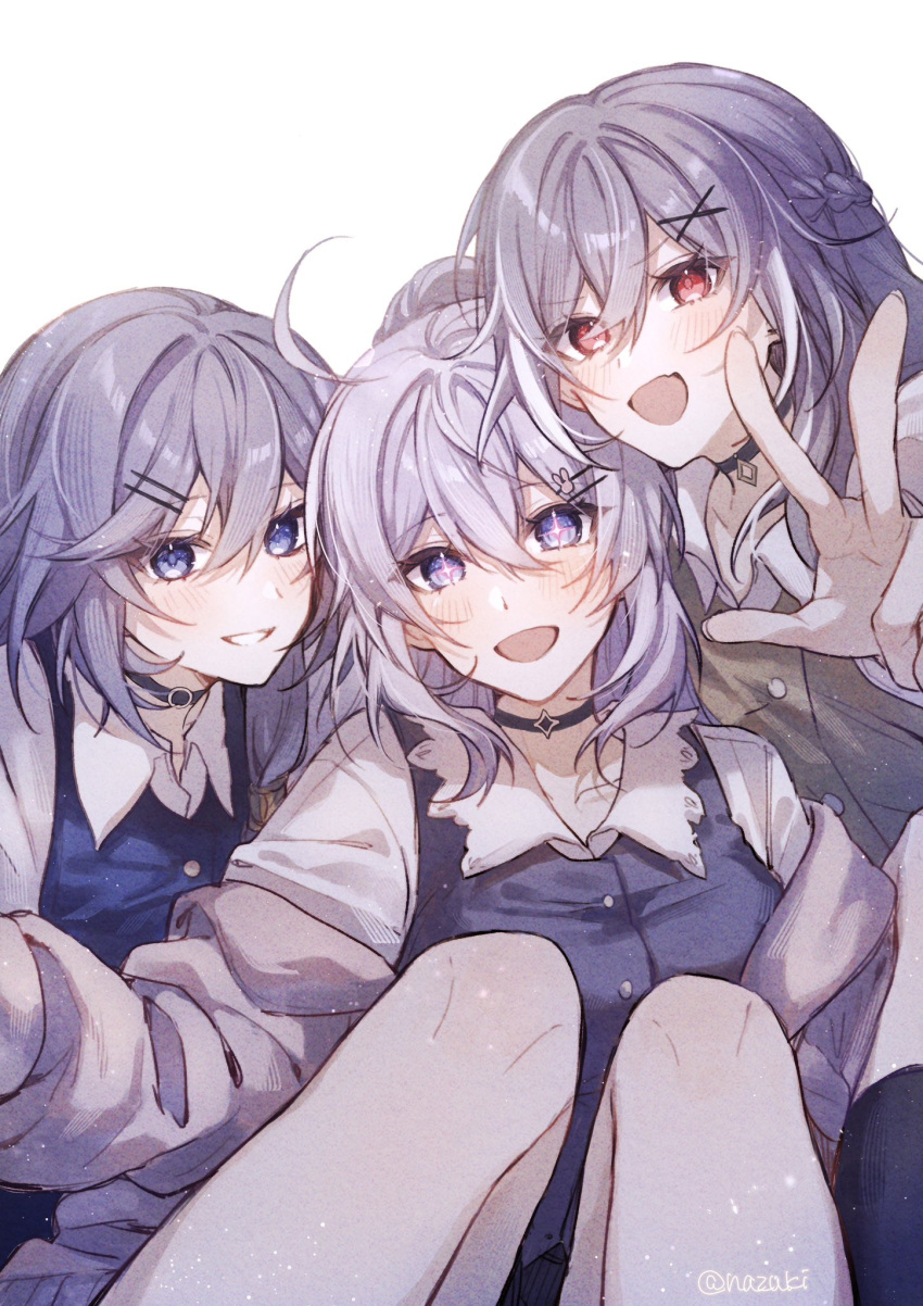 3girls, blue_choker, blue_eyes, blue_vest, bobby_pin, choker, commentary_request, fu_hua