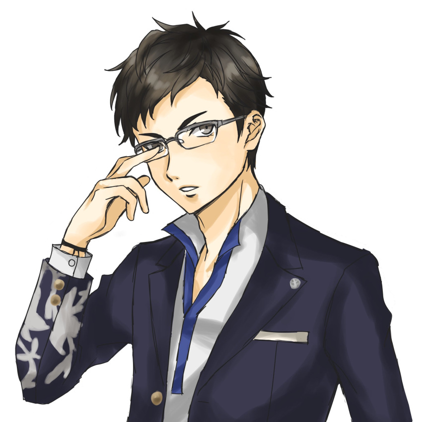 1boy, adjusting_eyewear, artist_request, atsuta_yuzuru, black_hair, black_ribbon, blue_jacket, dress_shirt