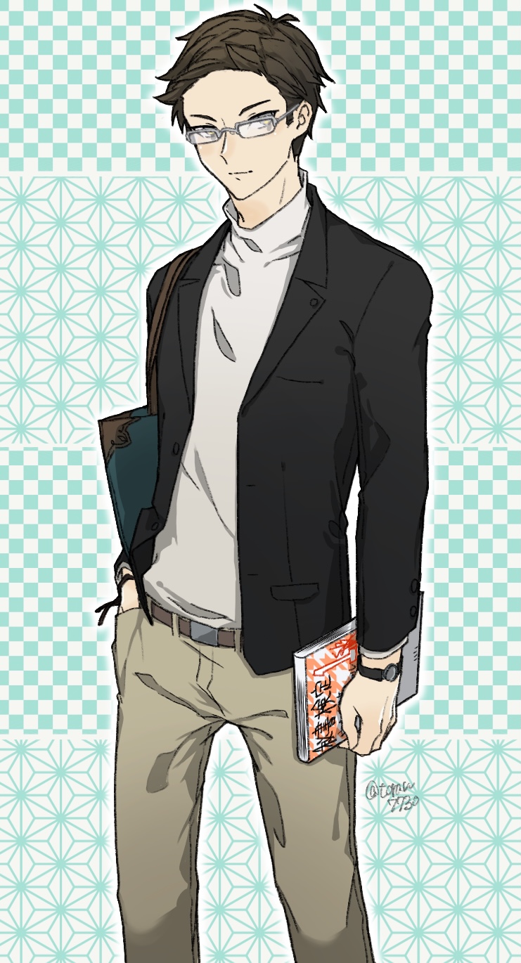 1boy, alternate_costume, atsuta_yuzuru, bag, belt, black_jacket, book, border, brown_belt, brown_hair, facing_to_the_side, glasses, green_background, grey_eyes, hand_in_pocket, highres, holding, holding_book, jacket, khaki_pants, looking_to_the_side, male_focus, open_clothes, open_jacket, ornate_border, shin_megami_tensei, shin_megami_tensei_v, shirt, toran7730, tote_bag, watch, watch, white_background, white_shirt