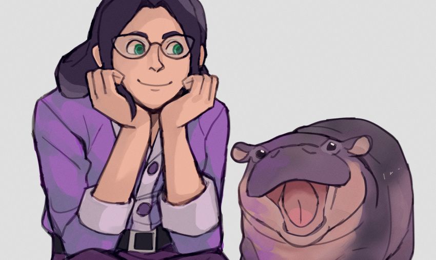 1girl, :d, animal, aqua_eyes, belt, belt_buckle, black_belt, buckle, buttons, closed_mouth, commentary, english_commentary, glasses, grey_background, hands_on_own_cheeks, hands_on_own_chin, hands_on_own_face, hands_up, head_rest, highres, hippopotamus, long_hair, long_sleeves, looking_at_animal, looking_at_viewer, miss_pauling, mittysfruitbox, open_mouth, parted_bangs, purple_hair, purple_shirt, pygmy_hippopotamus, shirt, sidelocks, simple_background, sitting, smile, solo, team_fortress_2, tongue, upper_body