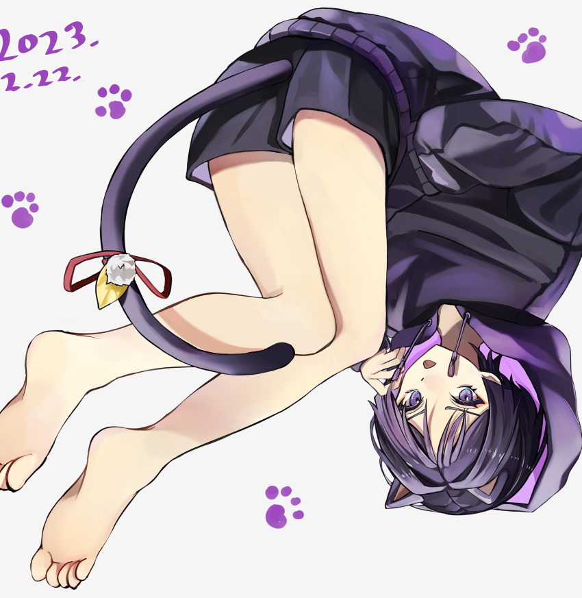 1boy, absurdres, animal_ears, aomiya_souju, bare_legs, barefoot, black_shorts, black_sleeves, blunt_ends, cat_boy, cat_ears, cat_tail, dated, drawstring, feathers, genshin_impact, hair_intakes, hand_in_pocket, hand_up, highres, hood, hood_up, hoodie, long_sleeves, looking_at_viewer, male_focus, paw_print, pom_pom_(clothes), purple_hair, purple_hood, purple_hoodie, scaramouche_(genshin_impact), shorts, solo, string, tail, toes, tongue, tongue_out, two-sided_shorts, upside-down, v-shaped_eyebrows, violet_eyes, white_background, yellow_feathers