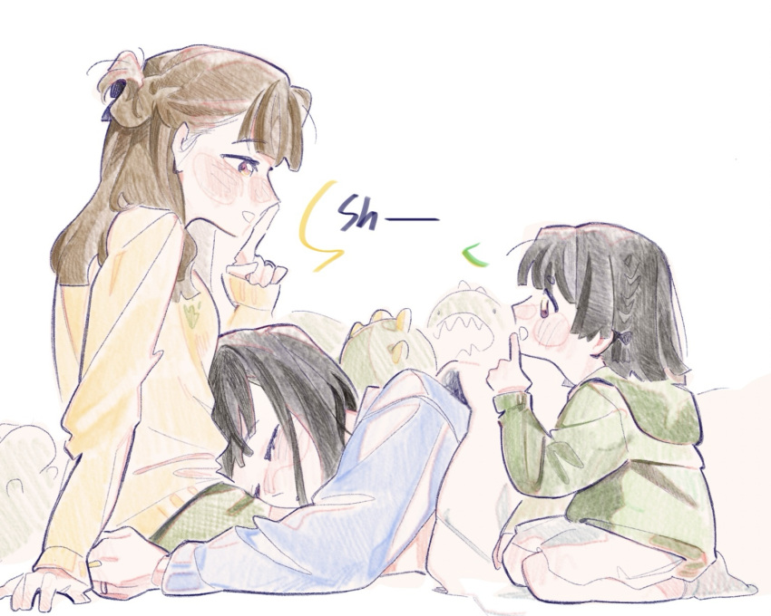 3girls, black_hair, blue_cardigan, blunt_bangs, blunt_ends, braid, brown_hair, cardigan, center-flap_bangs, child, commentary, family, finger_to_mouth, gonzales_(love_live!), green_hoodie, half-closed_eyes, half_up_braid, highres, hood, hood_down, hoodie, if_they_mated, ips_cells, kachimachi_kosuzu, kachimachi_kosuzu_(summer_loungewear), lap_pillow, link!_like!_love_live!, long_hair, long_sleeves, looking_at_another, love_live!, momose_ginko, momose_ginko_(summer_loungewear), multiple_girls, open_mouth, pink_eyes, platunoy_787, short_hair, shushing, side_braid, sleeping, sleeves_past_wrists, stuffed_animal, stuffed_dinosaur, stuffed_toy, sweater, virtual_youtuber, yellow_sweater, yuri
