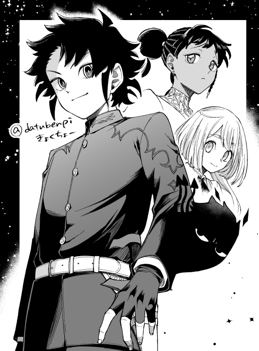 1boy, 2girls, black_hair, dark-skinned_female, dark_skin, datubenpi, desscaras, double_bun