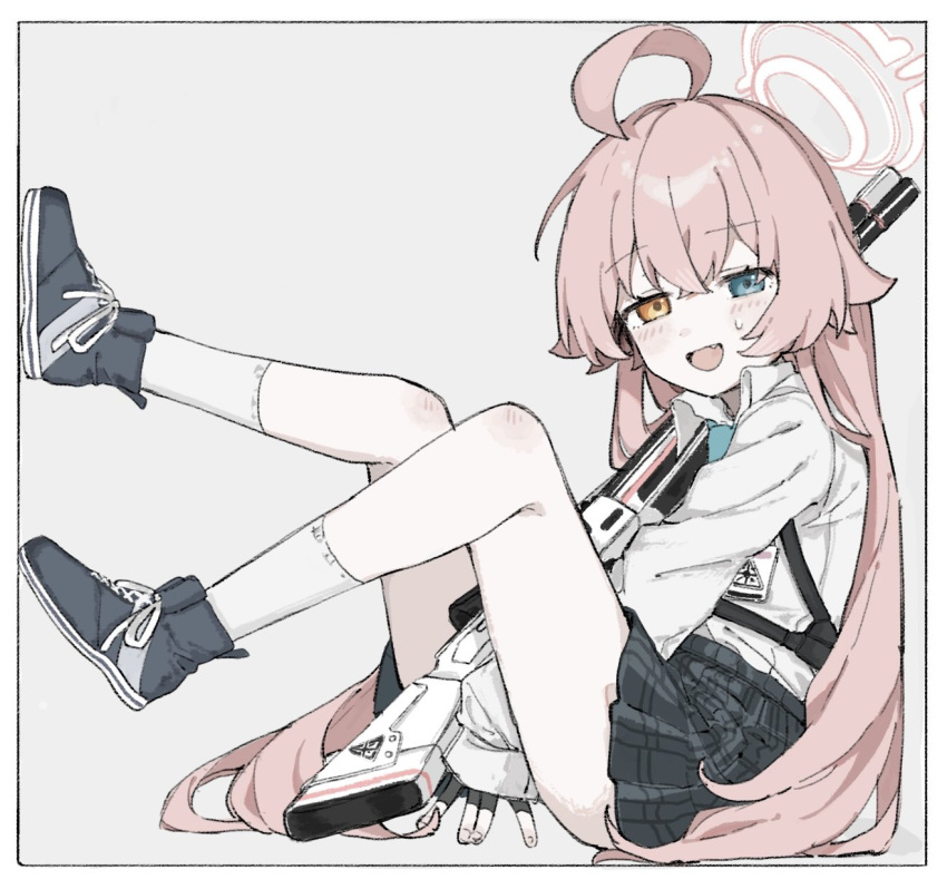 1girl, ahoge, beretta_1301, black_gloves, black_skirt, blue_archive, blue_eyes, border