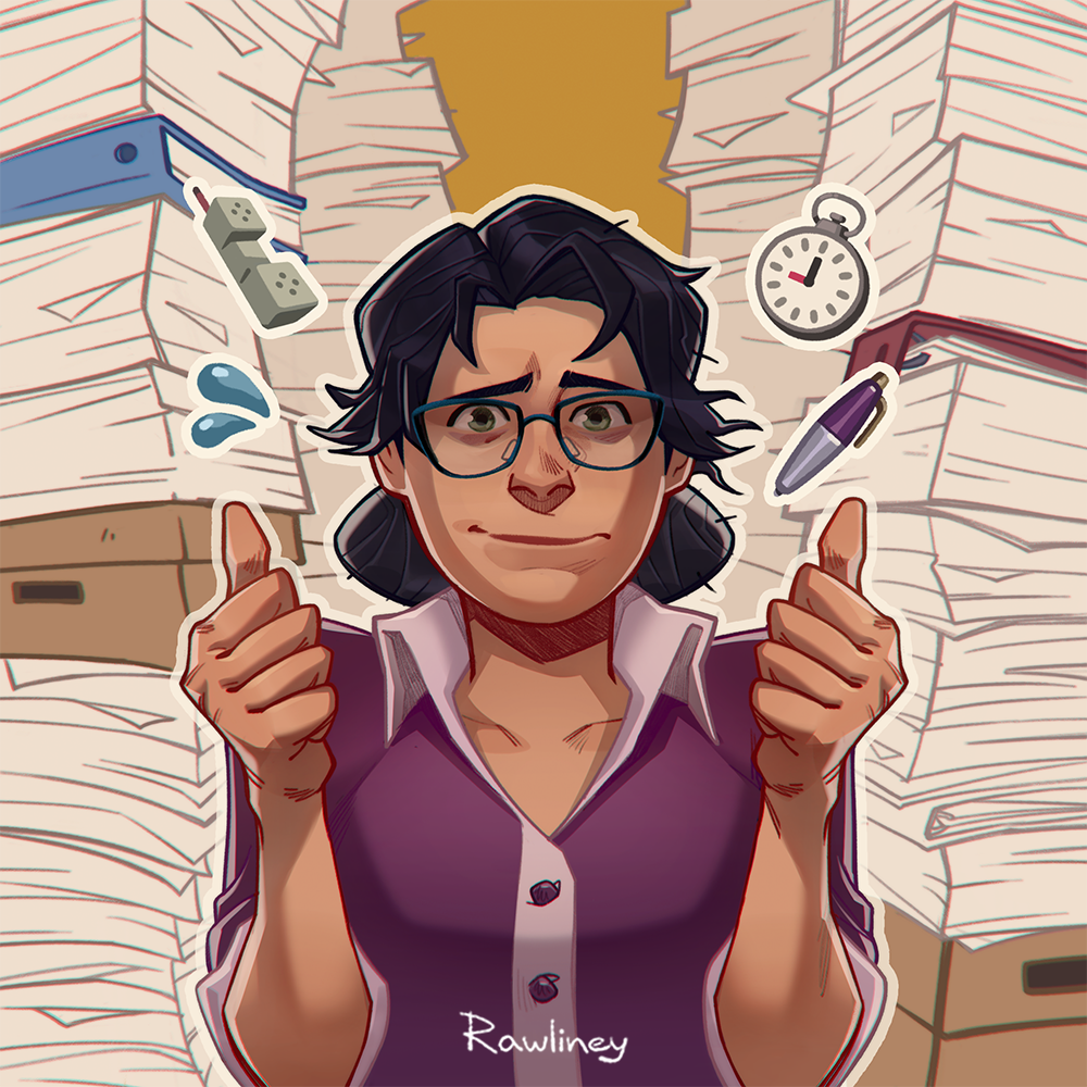 1girl, artist_name, binder, black_hair, blue-framed_eyewear, box, buttons, cardboard_box