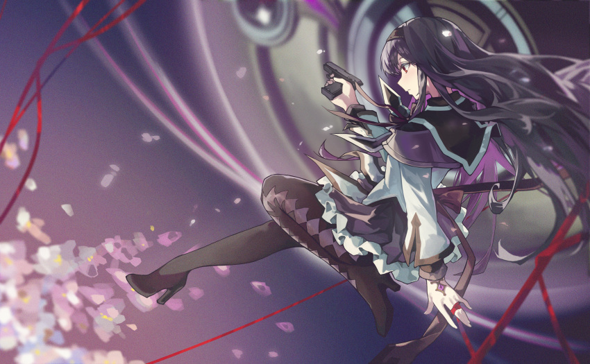 1girl, absurdres, akemi_homura, akemi_homura_(magical_girl), argyle_clothes, black_footwear, black_hair, fr-ee-dom