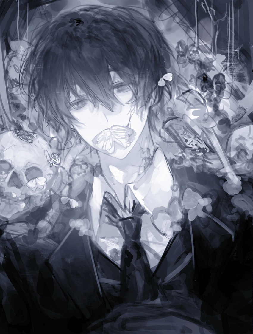 1boy, absurdres, black_butterfly, black_coat, black_eyes, black_gloves, black_necktie, black_shirt