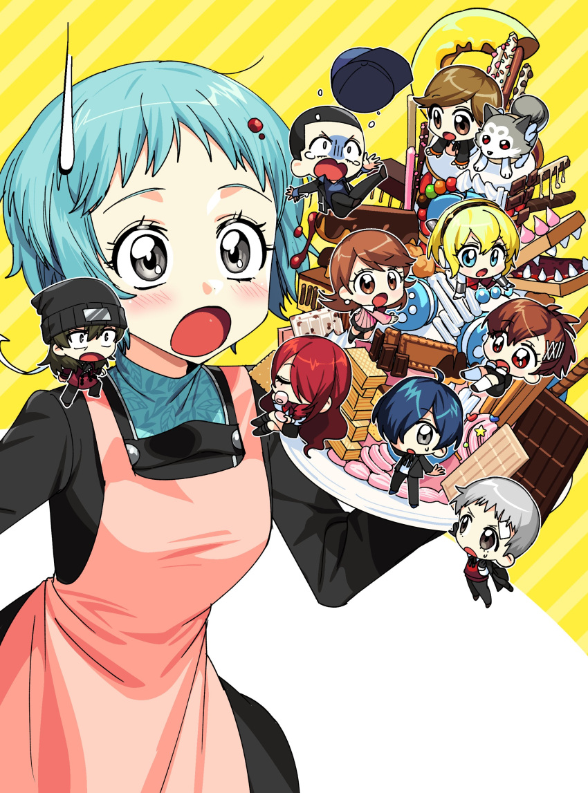 5boys, 5girls, absurdres, aegis_(persona), amada_ken, apron, aragaki_shinjirou, beanie