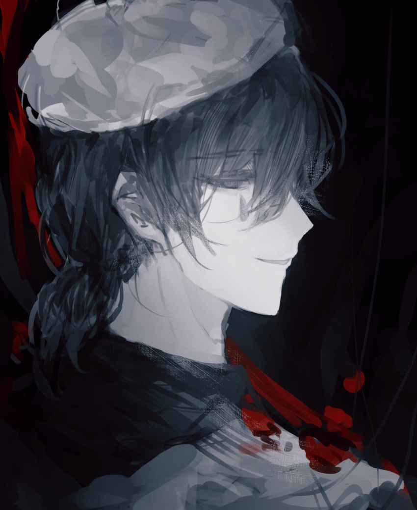 1boy, apron, beret, black_background, black_eyes, black_hair, black_shirt, blood