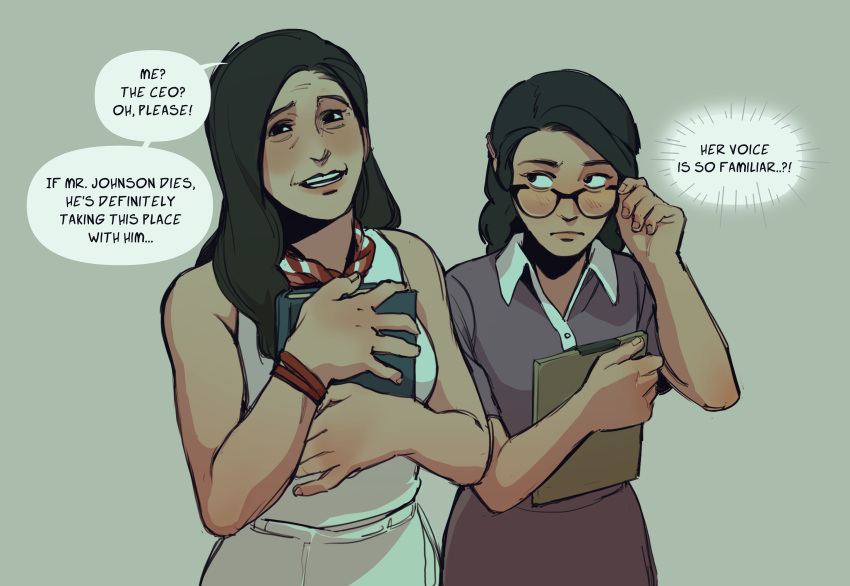 2girls, bandana, bare_shoulders, black-framed_eyewear, black_eyes, black_hair, blush, bracelet, breasts, brown_hair, caroline_(portal), clipboard, closed_mouth, collared_dress, dark-skinned_female, dark_skin, dress, english_text, fingernails, frown, glasses, green_background, hand_up, highres, holding, holding_clipboard, jewelry, lips, long_hair, looking_at_another, medium_breasts, miss_pauling, multiple_girls, oblique-lane, open_mouth, portal_(series), portal_2, print_bandana, purple_dress, red_bandana, short_sleeves, simple_background, sleeveless, sleeveless_dress, smile, speech_bubble, swept_bangs, team_fortress_2, teeth, upper_body, white_dress