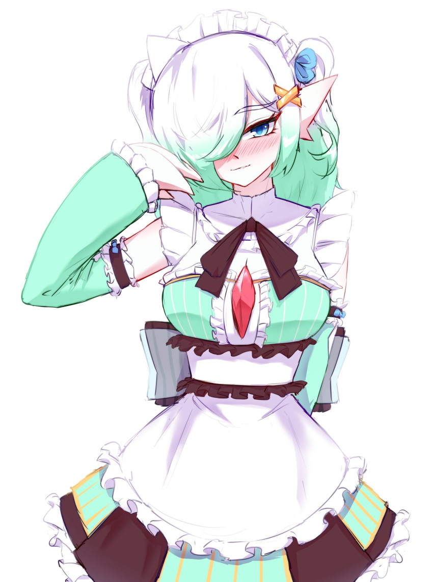 1girl, apron, arm_behind_back, back_bow, black_ribbon, blue_eyes, blush, bow, breasts, center_frills, cgator, colored_skin, commentary, cowboy_shot, detached_sleeves, dress, english_commentary, frilled_apron, frilled_dress, frilled_sleeves, frills, fusion, gardevoir, gradient_hair, green_dress, green_hair, green_sleeves, hair_ornament, hair_over_one_eye, half-closed_eyes, hand_up, head_tilt, highres, indie_virtual_youtuber, long_sleeves, looking_at_viewer, maid_headdress, medium_breasts, mint_fantome, multicolored_hair, neck_ribbon, nose_blush, one_eye_covered, parted_lips, pointy_ears, pokemon, pokemon_(creature), ribbon, simple_background, sleeveless, sleeveless_dress, smile, solo, standing, two-tone_hair, two_side_up, virtual_youtuber, waist_apron, white_apron, white_background, white_hair, white_skin, x_hair_ornament