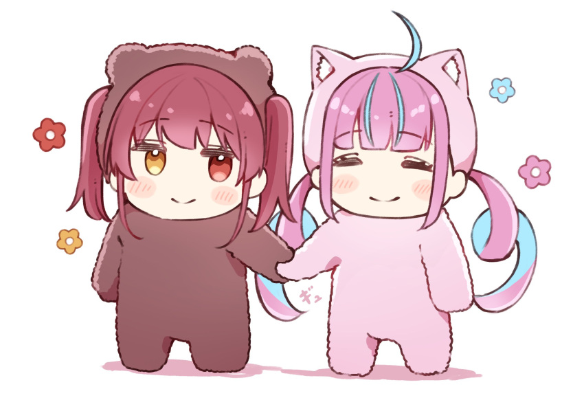 2girls, ahoge, animal_costume, bear_costume, blue_hair, cat_costume, chibi, closed_eyes